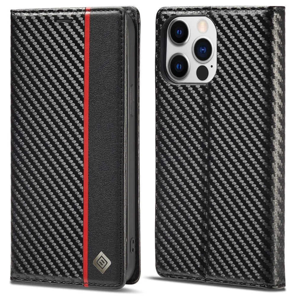 LC.IMEEKE For iPhone 15 Pro Max Shockproof Leather Stand Cover Carbon Fiber Texture Wallet Phone Case - Vertical Stripe - 1