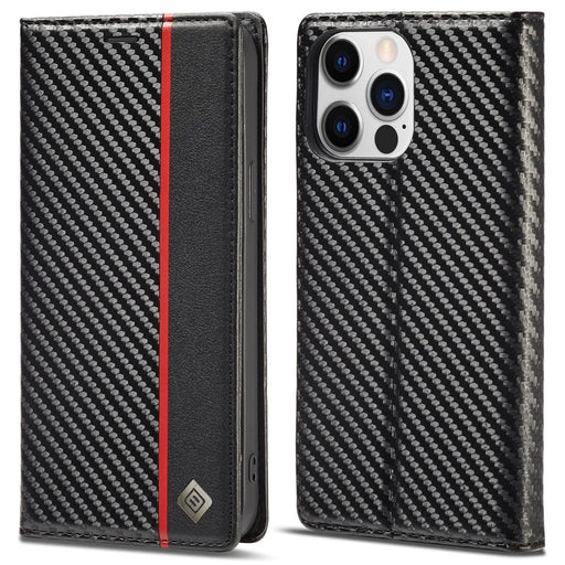 LC.IMEEKE For iPhone 15 Pro Max Shockproof Leather Stand Cover Carbon Fiber Texture Wallet Phone Case - Vertical Stripe - 1