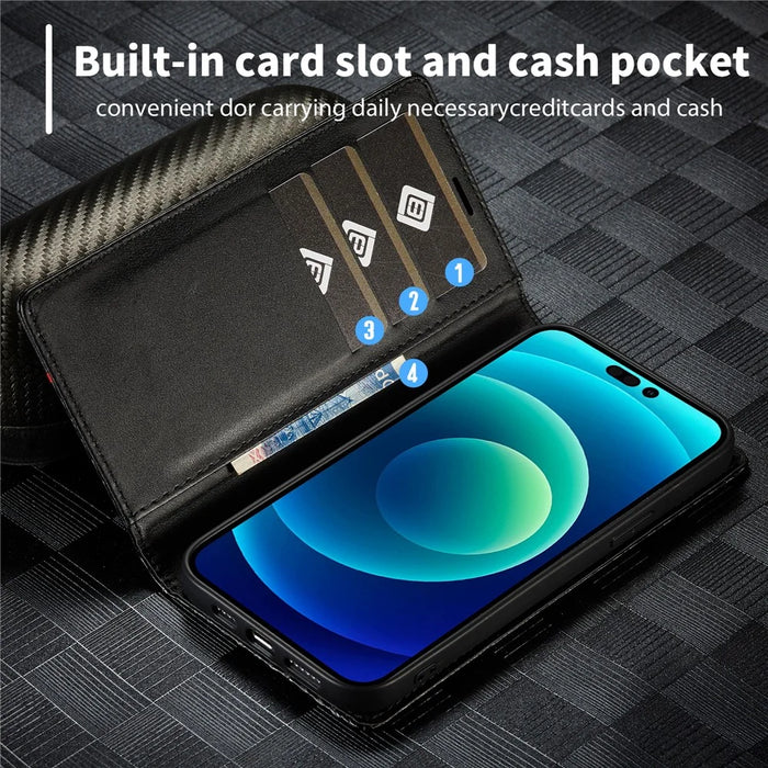LC.IMEEKE For iPhone 15 Pro Max Shockproof Leather Stand Cover Carbon Fiber Texture Wallet Phone Case - Vertical Stripe - 5
