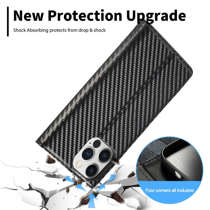 LC.IMEEKE For iPhone 15 Pro Max Shockproof Leather Stand Cover Carbon Fiber Texture Wallet Phone Case - Vertical Stripe - 7