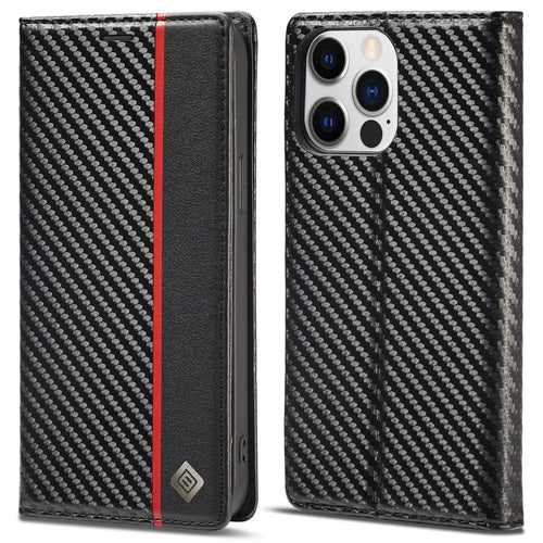 LC.IMEEKE For iPhone 15 Pro Carbon Fiber Texture Stand Cover Wallet Phone Leather Case - Vertical Stripe - 1