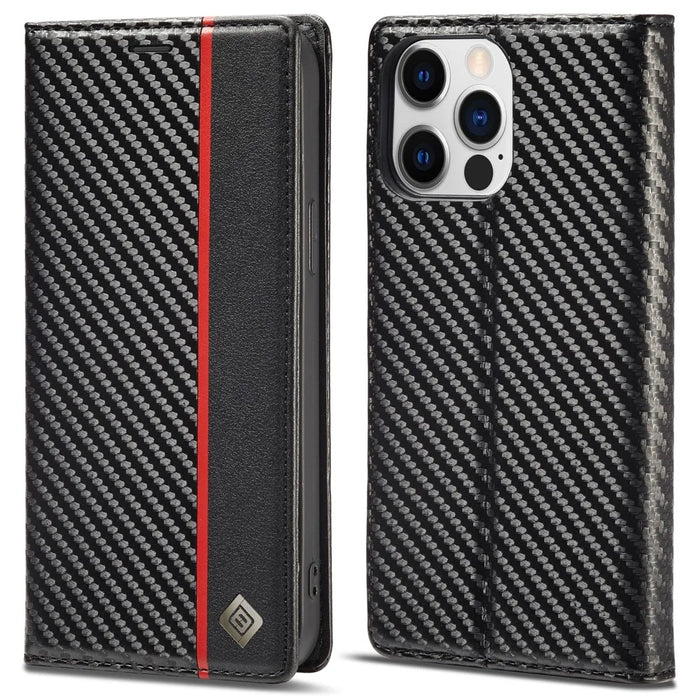 LC.IMEEKE For iPhone 15 Pro Carbon Fiber Texture Stand Cover Wallet Phone Leather Case - Vertical Stripe - 1