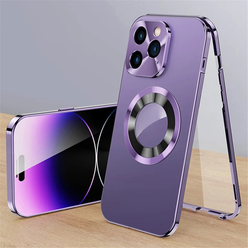 For iPhone 14 Pro Max Magnetic Clear Phone Case Compatible with MagSafe Aluminium Alloy Frame+Tempered Glass+PC Back Cover - Purple - 1