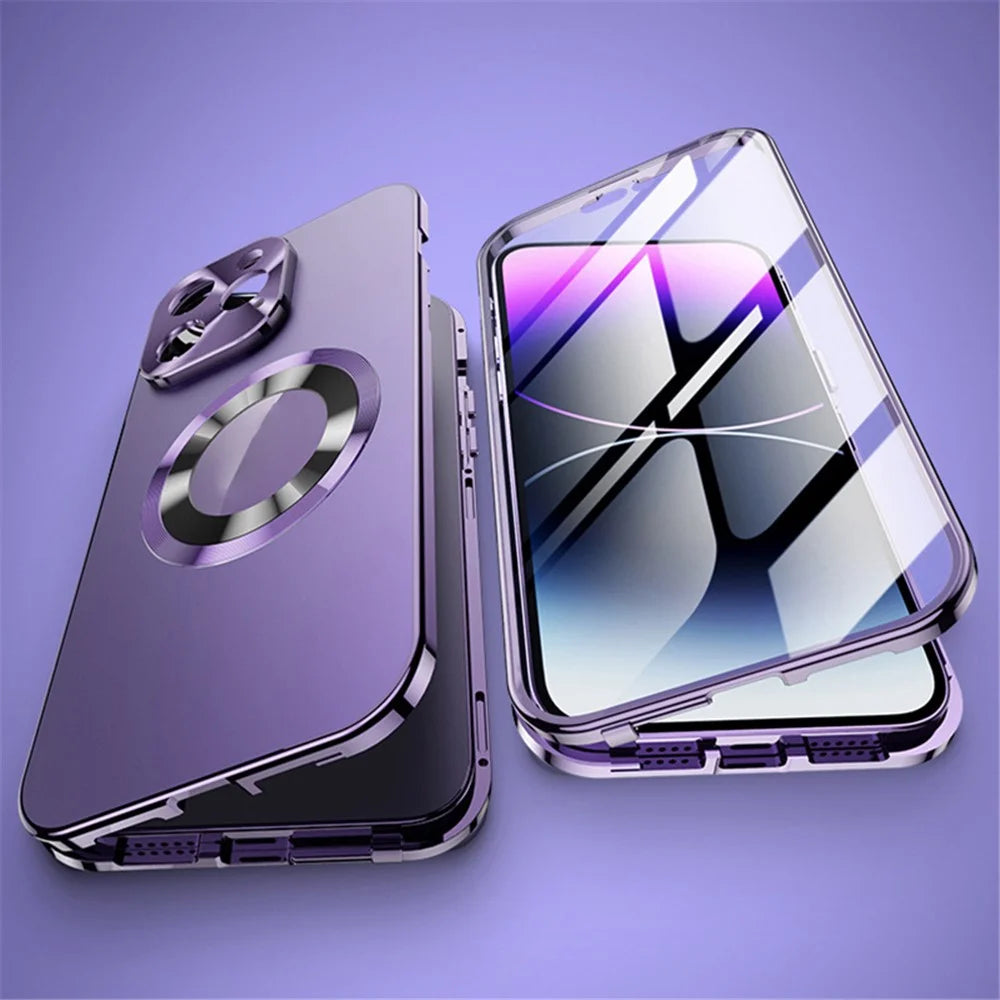 For iPhone 14 Pro Max Magnetic Clear Phone Case Compatible with MagSafe Aluminium Alloy Frame+Tempered Glass+PC Back Cover - Purple - 2