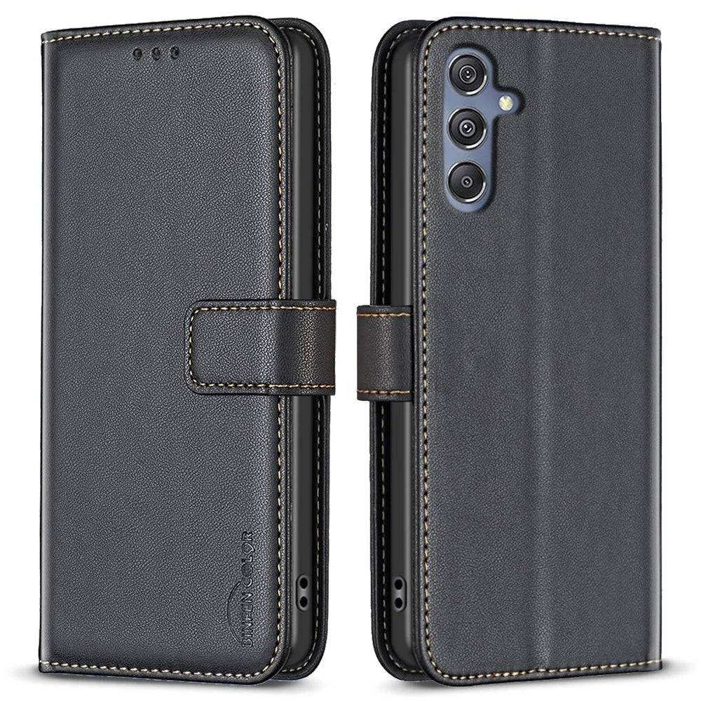 BINFEN COLOR BF17 Leather Flip Cover for Samsung Galaxy F34 5G / M34 5G , Wallet Stand Full Protection Phone Case - Black - 1