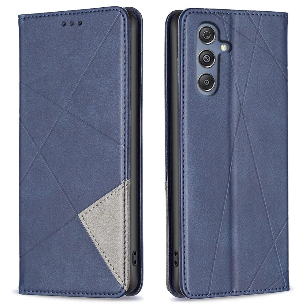 For Samsung Galaxy F34 5G / M34 5G Stand Flip Cover PU Leather Imprinted Line Phone Case with Card Slots - Blue - 1