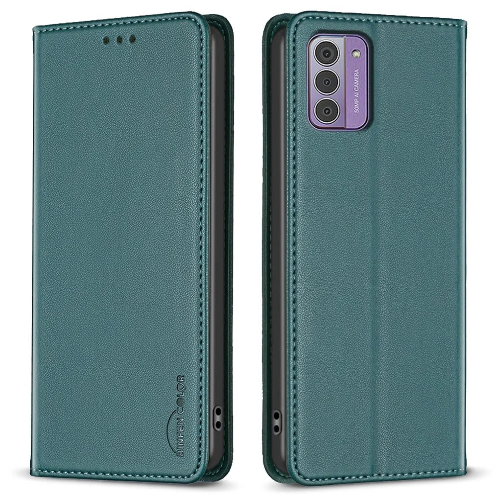 BINFEN COLOR BF18 For Nokia G42 / G310 Magnetic Auto-absorbed Leather Stand Cover Card Holder Phone Case - Green - 1