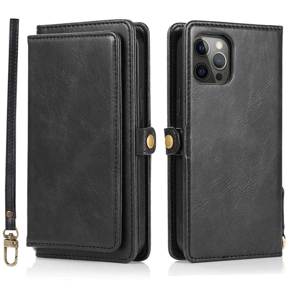 For iPhone 13 Pro Max 6.7 inch TPU+PU Leather Anti-drop Phone Case Magnetic Detachable 2-in-1 Wallet Cover - Black - 1