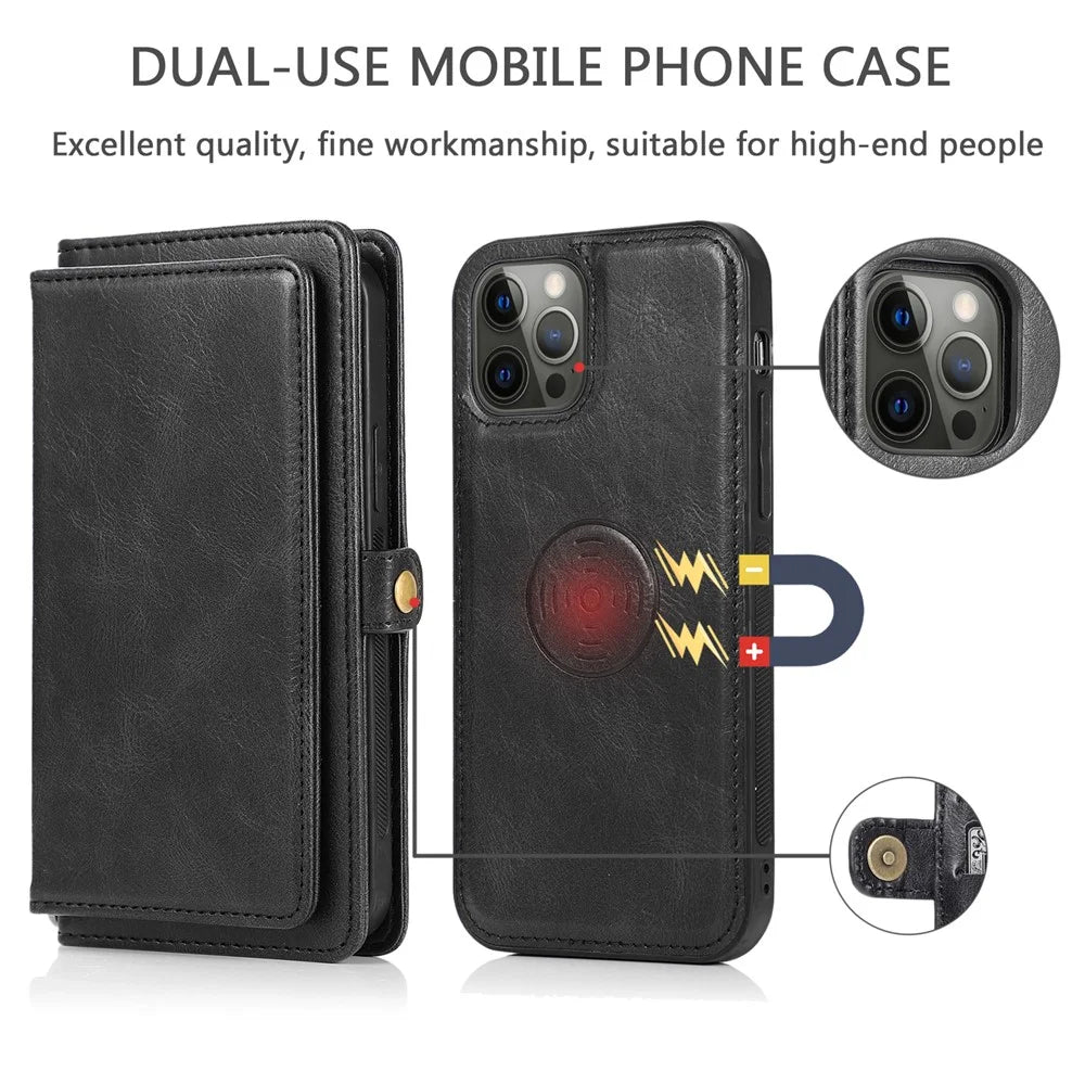 For iPhone 13 Pro Max 6.7 inch TPU+PU Leather Anti-drop Phone Case Magnetic Detachable 2-in-1 Wallet Cover - Black - 6