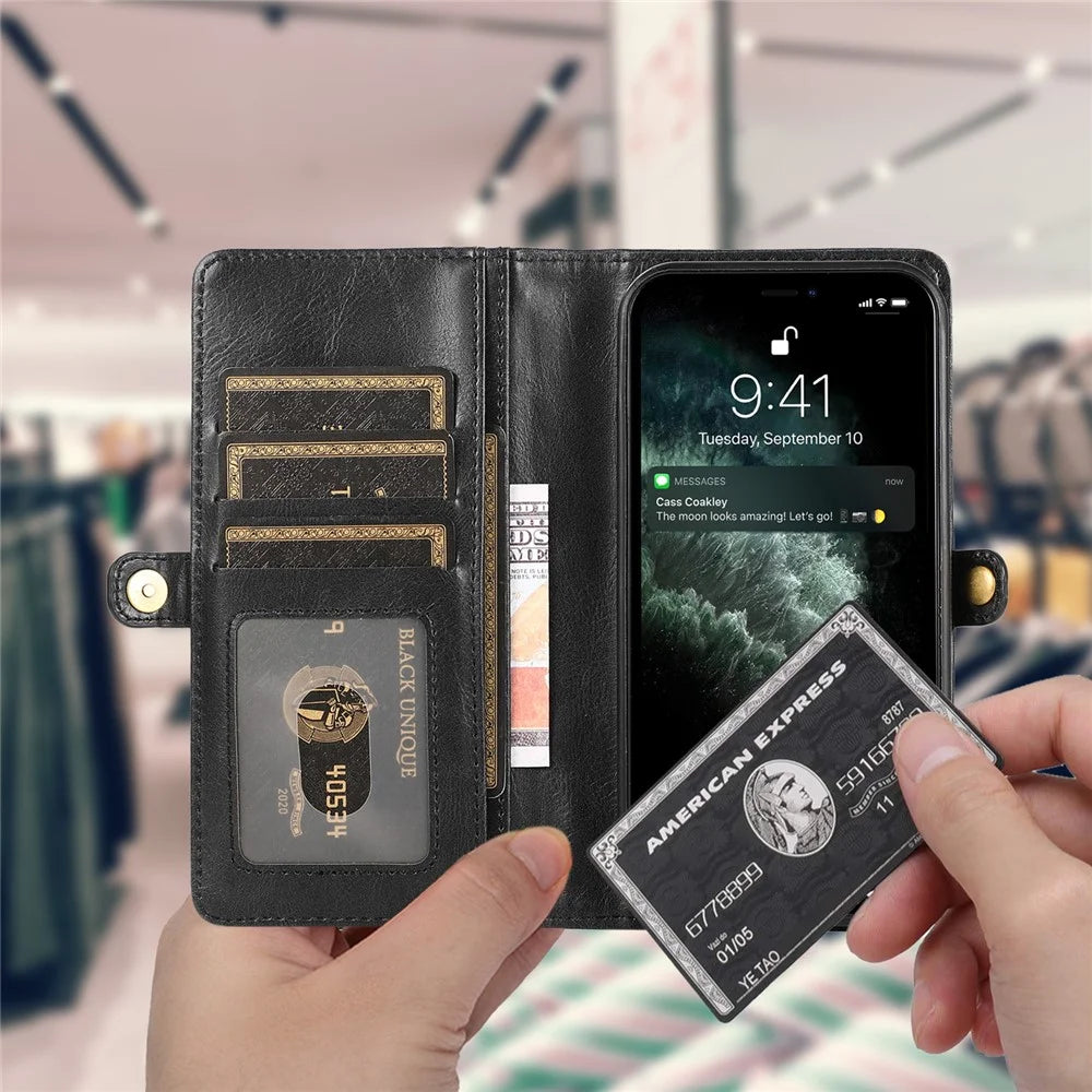 For iPhone 13 Pro Max 6.7 inch TPU+PU Leather Anti-drop Phone Case Magnetic Detachable 2-in-1 Wallet Cover - Black - 7