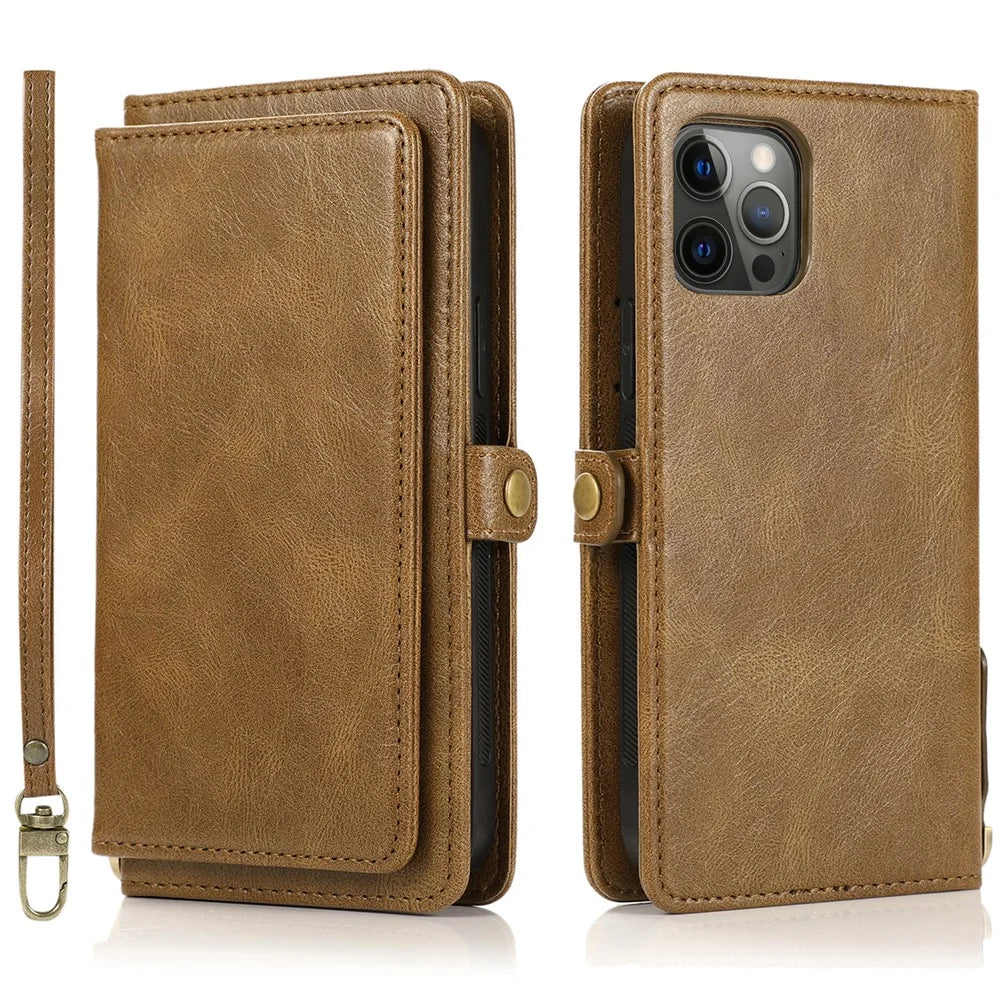 Shockproof Case for iPhone 13 Pro 6.1 inch Detachable 2-in-1 TPU+PU Leather Flip Cover Wallet Phone Case - Brown - 1
