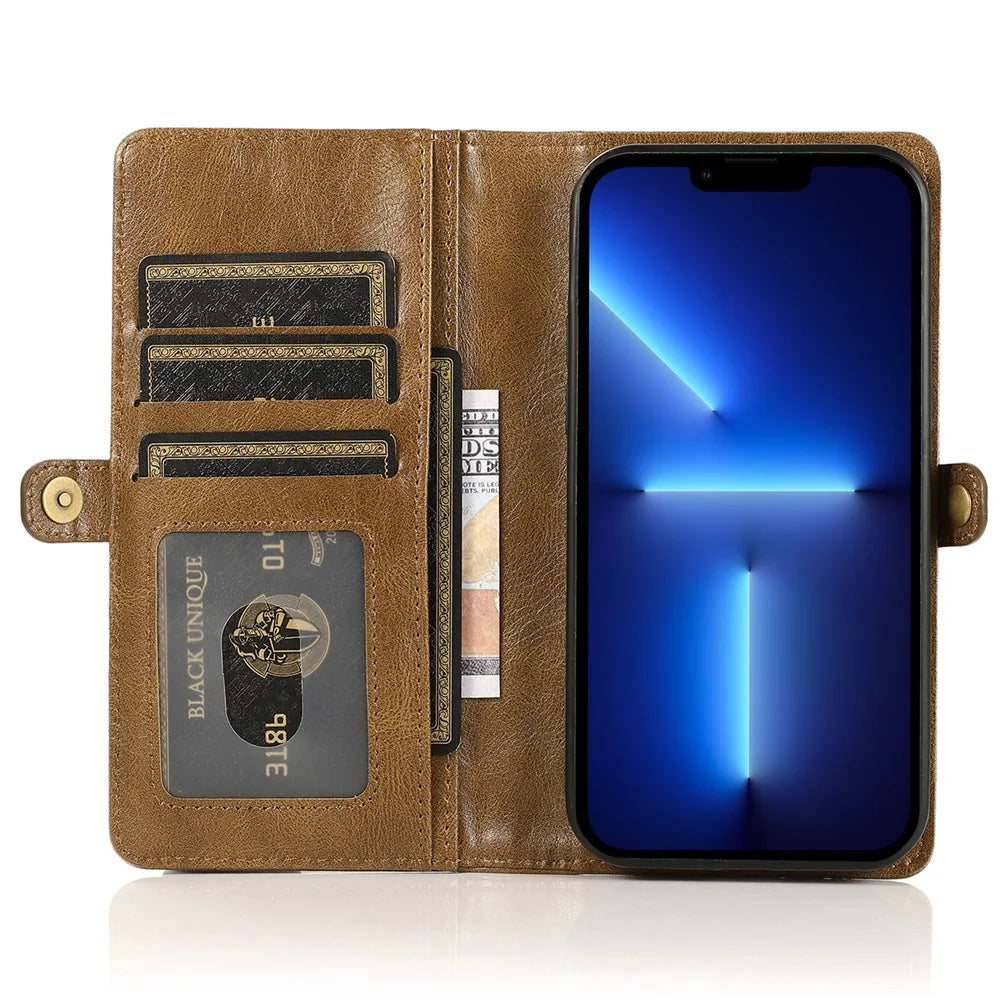 Shockproof Case for iPhone 13 Pro 6.1 inch Detachable 2-in-1 TPU+PU Leather Flip Cover Wallet Phone Case - Brown - 2