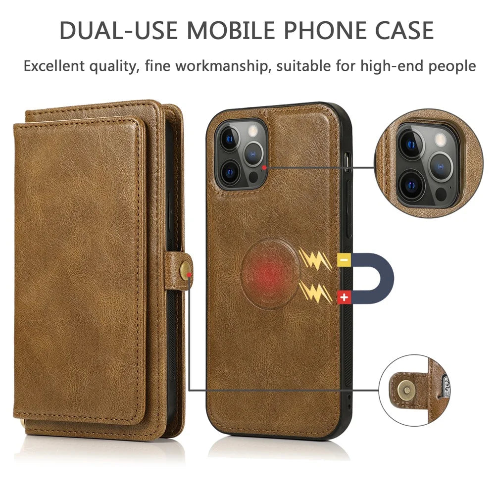 Shockproof Case for iPhone 13 Pro 6.1 inch Detachable 2-in-1 TPU+PU Leather Flip Cover Wallet Phone Case - Brown - 6
