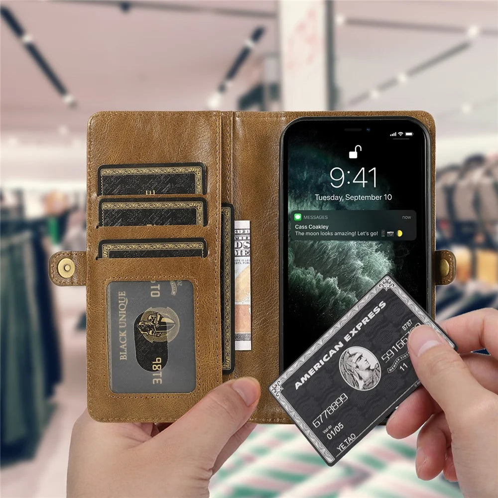 Shockproof Case for iPhone 13 Pro 6.1 inch Detachable 2-in-1 TPU+PU Leather Flip Cover Wallet Phone Case - Brown - 7