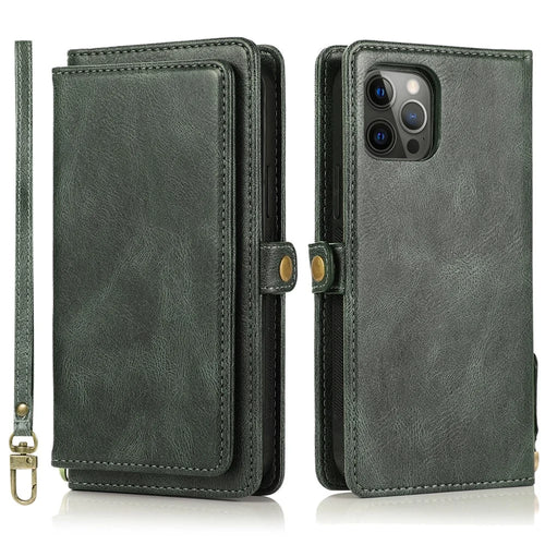Wallet Phone Case for iPhone 14 Pro Detachable 2-in-1 TPU+PU Leather Shockproof Cover Anti-Drop Phone Case - Green - 1