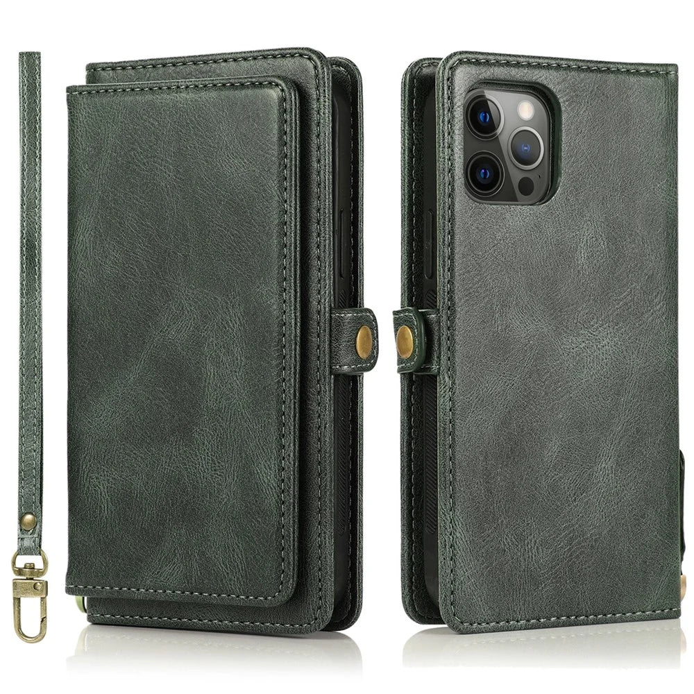 Wallet Phone Case for iPhone 14 Pro Detachable 2-in-1 TPU+PU Leather Shockproof Cover Anti-Drop Phone Case - Green - 1