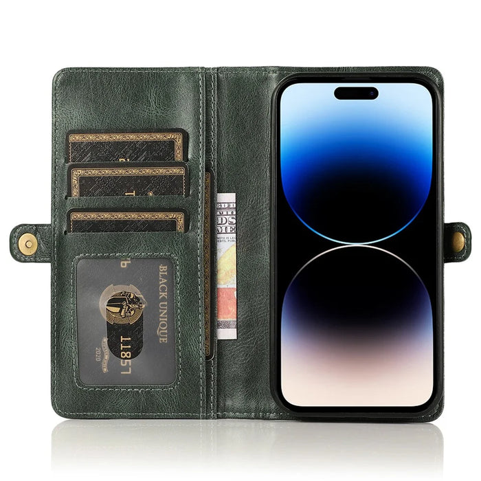 Wallet Phone Case for iPhone 14 Pro Detachable 2-in-1 TPU+PU Leather Shockproof Cover Anti-Drop Phone Case - Green - 2