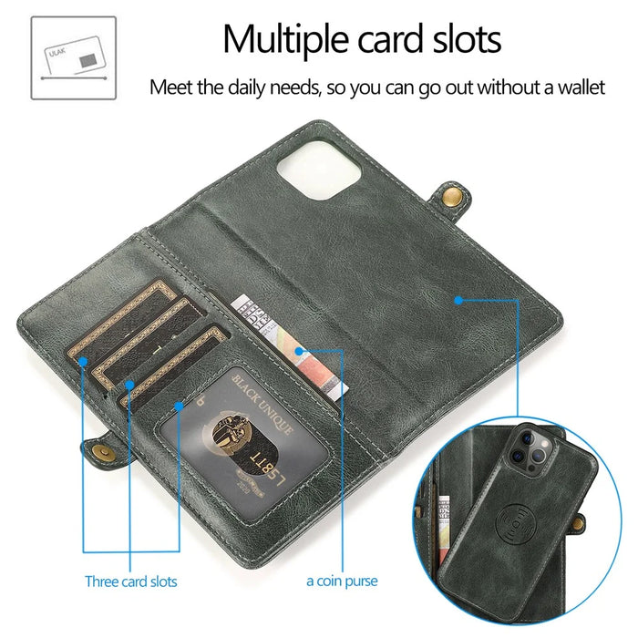 Wallet Phone Case for iPhone 14 Pro Detachable 2-in-1 TPU+PU Leather Shockproof Cover Anti-Drop Phone Case - Green - 5