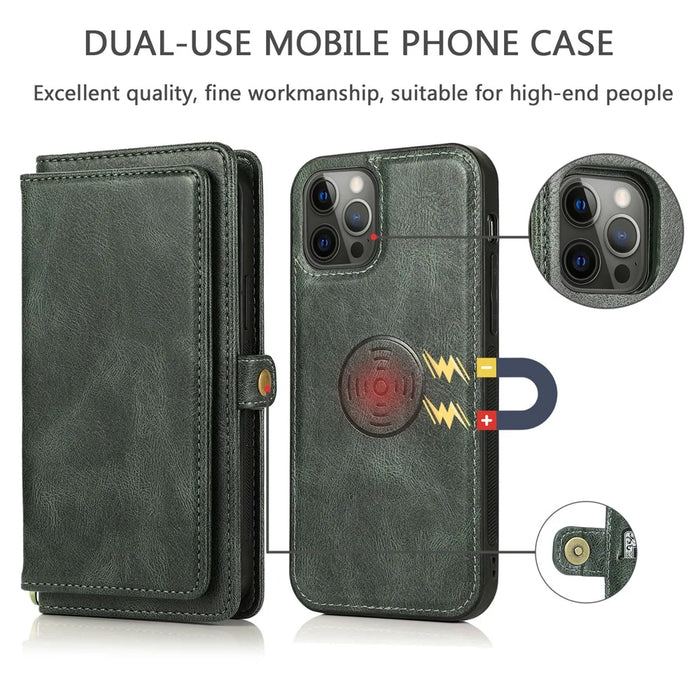 Wallet Phone Case for iPhone 14 Pro Detachable 2-in-1 TPU+PU Leather Shockproof Cover Anti-Drop Phone Case - Green - 6