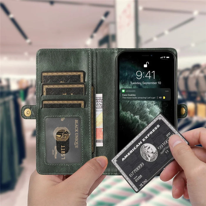 Wallet Phone Case for iPhone 14 Pro Detachable 2-in-1 TPU+PU Leather Shockproof Cover Anti-Drop Phone Case - Green - 7
