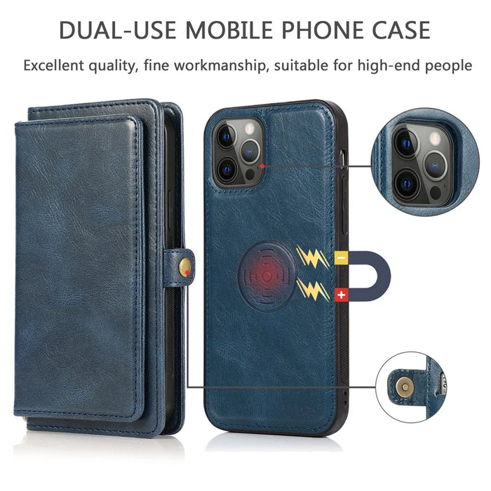 TPU+PU Leather Case for iPhone 14 Pro Max Anti-Drop Detachable 2-in-1 Phone Case Shockproof Wallet Phone Cover - Blue - 6