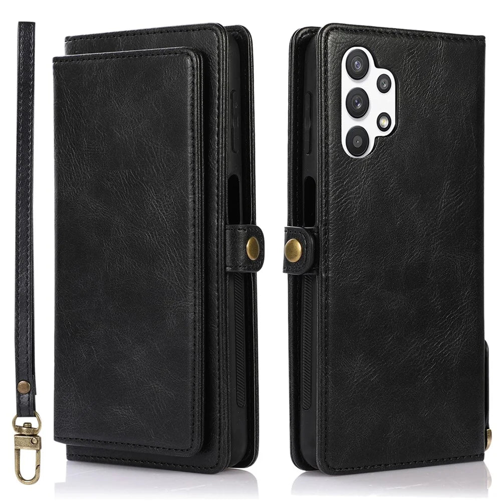 TPU+PU Phone Case for Samsung Galaxy A32 5G / M32 5G Detachable 2-in-1 Shockproof Wallet Phone Case with Strap - Black - 1