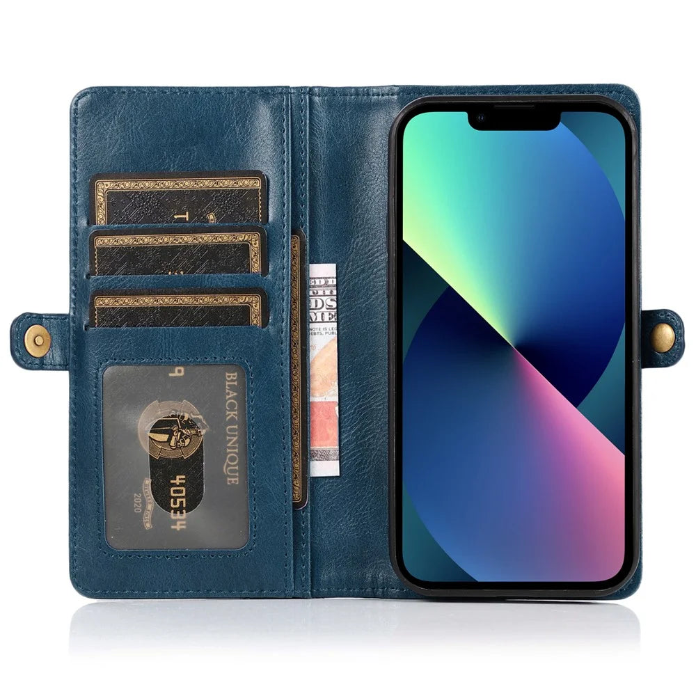Anti-Drop Phone Case for iPhone 13 6.1 inch Detachable 2-in-1 TPU+PU Leather Wallet Cover with Strap - Blue - 2