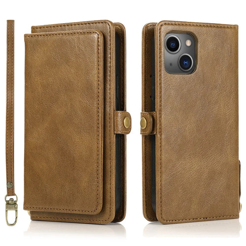 Wallet Phone Case for iPhone 13 mini 5.4 inch Detachable 2-in-1 TPU+PU Leather Flip Cover with Strap - Brown - 1