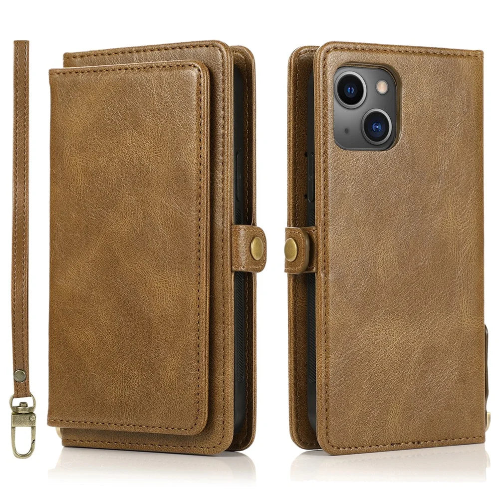 Wallet Phone Case for iPhone 13 mini 5.4 inch Detachable 2-in-1 TPU+PU Leather Flip Cover with Strap - Brown - 1