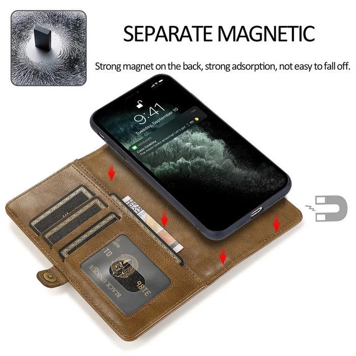 Wallet Phone Case for iPhone 13 mini 5.4 inch Detachable 2-in-1 TPU+PU Leather Flip Cover with Strap - Brown - 5