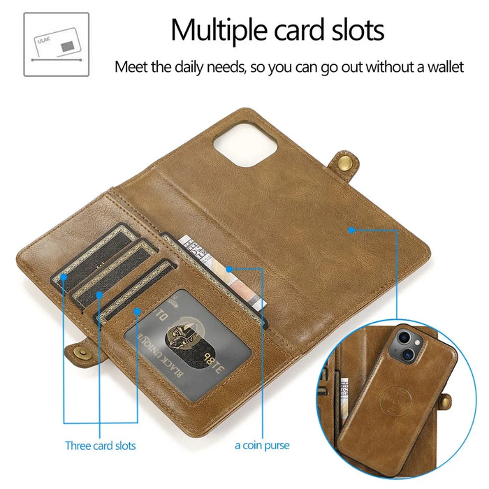 Wallet Phone Case for iPhone 13 mini 5.4 inch Detachable 2-in-1 TPU+PU Leather Flip Cover with Strap - Brown - 6