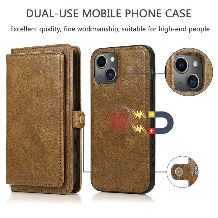 Wallet Phone Case for iPhone 13 mini 5.4 inch Detachable 2-in-1 TPU+PU Leather Flip Cover with Strap - Brown - 7