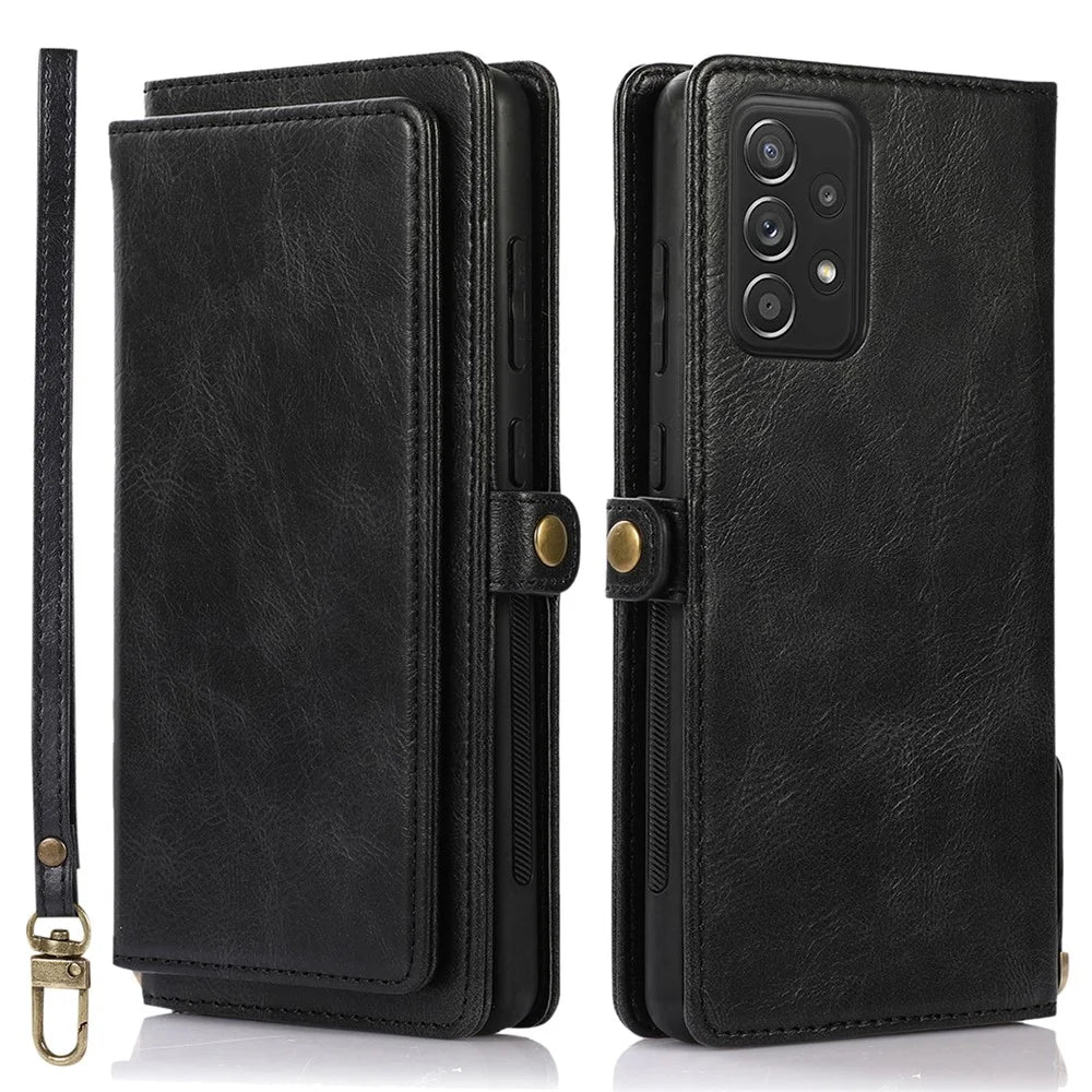 For Samsung Galaxy A52 4G / A52 5G / A52s 5G Protective Cover Detachable 2-in-1 TPU+PU Leather Wallet Phone Case with Strap - Black - 1