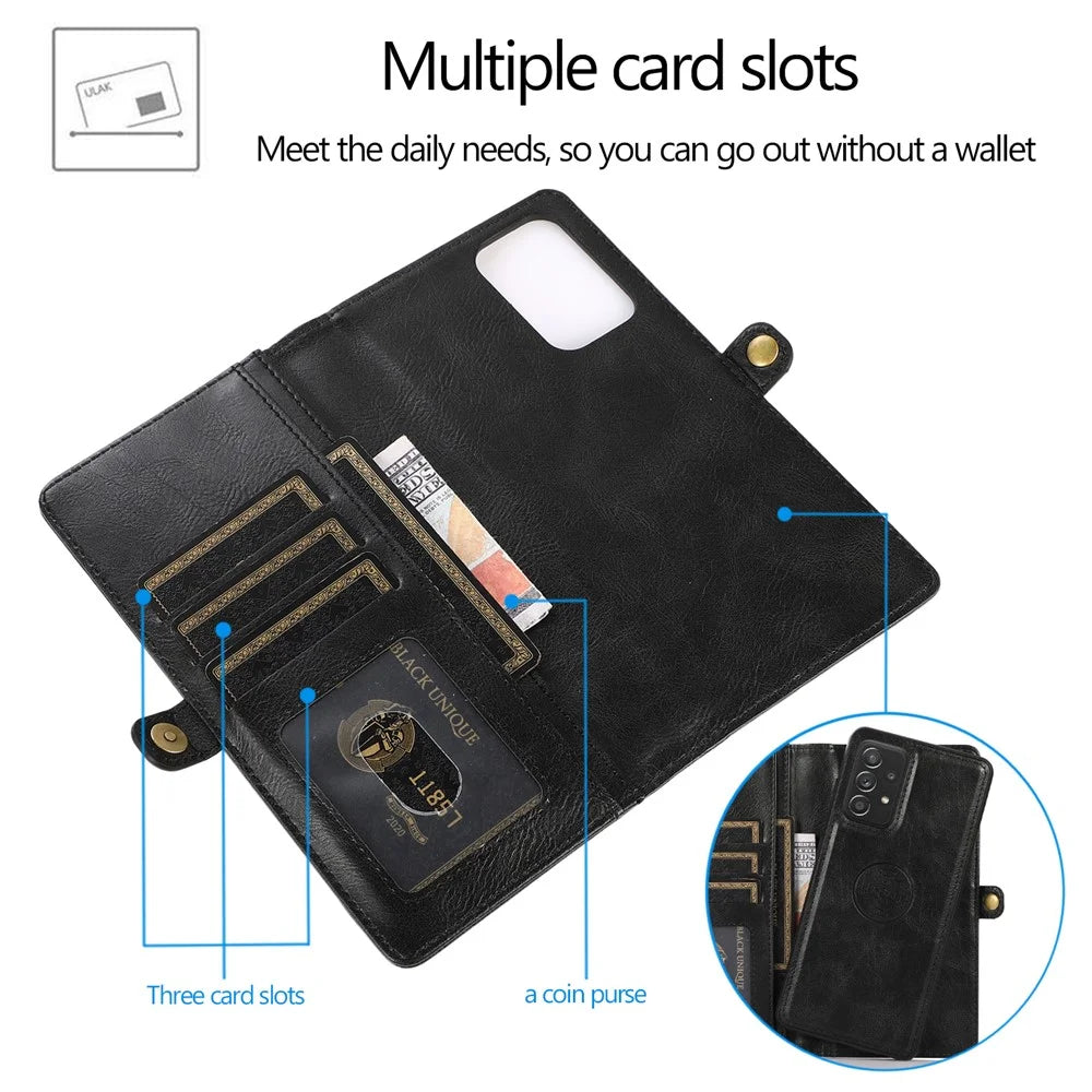 For Samsung Galaxy A52 4G / A52 5G / A52s 5G Protective Cover Detachable 2-in-1 TPU+PU Leather Wallet Phone Case with Strap - Black - 6