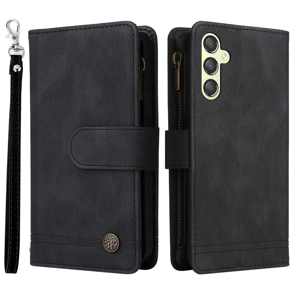 For Samsung Galaxy A34 5G Multiple Card Slots Zipper Pocket Phone Case Skin-touch Leather Wallet Stand Cover - Black - 1