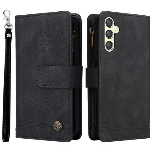 For Samsung Galaxy A34 5G Multiple Card Slots Zipper Pocket Phone Case Skin-touch Leather Wallet Stand Cover - Black - 1