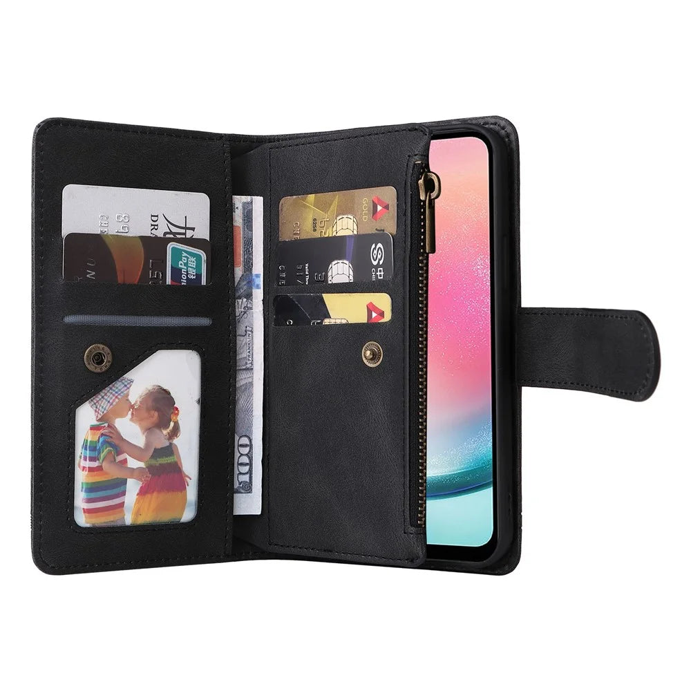 For Samsung Galaxy A34 5G Multiple Card Slots Zipper Pocket Phone Case Skin-touch Leather Wallet Stand Cover - Black - 2