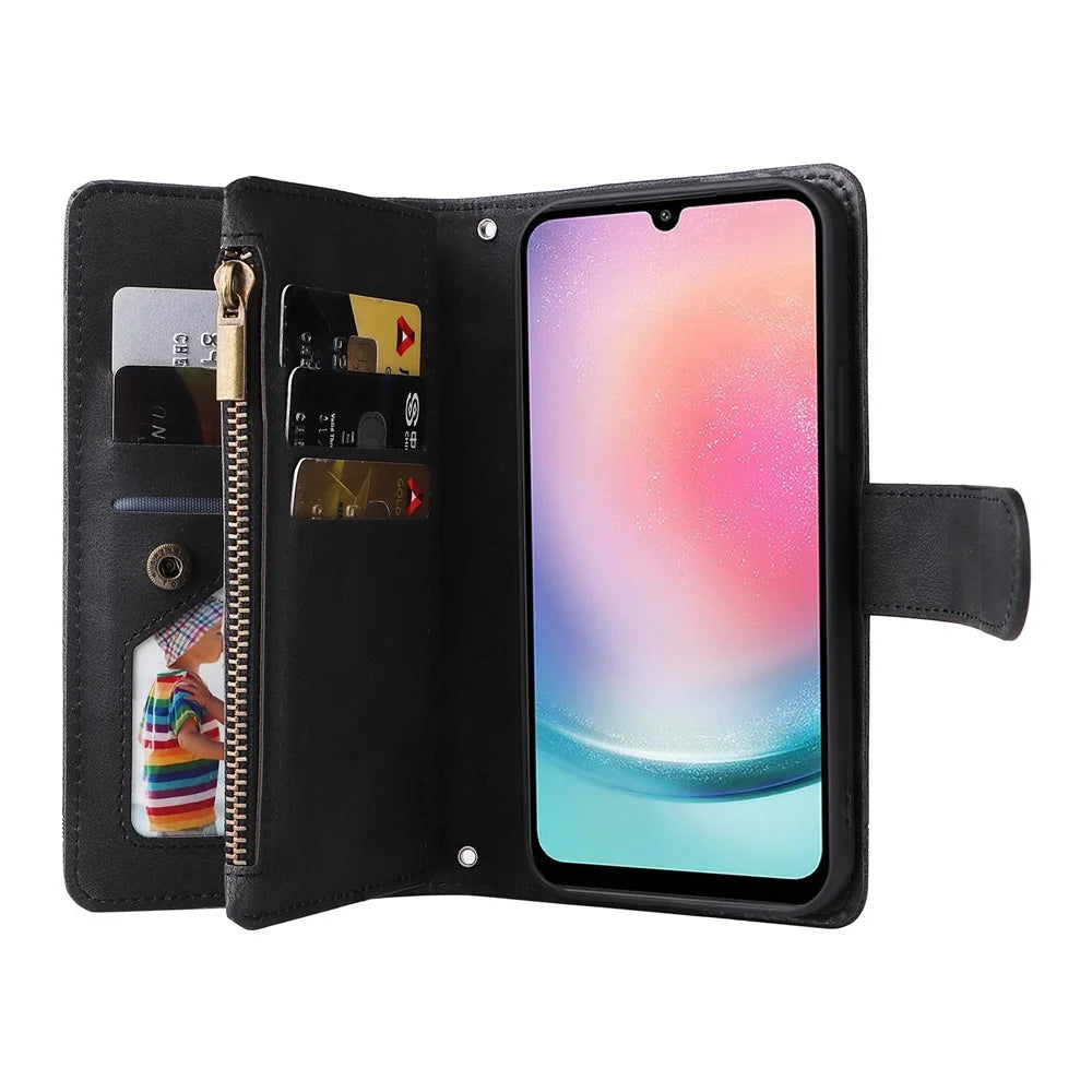 For Samsung Galaxy A34 5G Multiple Card Slots Zipper Pocket Phone Case Skin-touch Leather Wallet Stand Cover - Black - 3