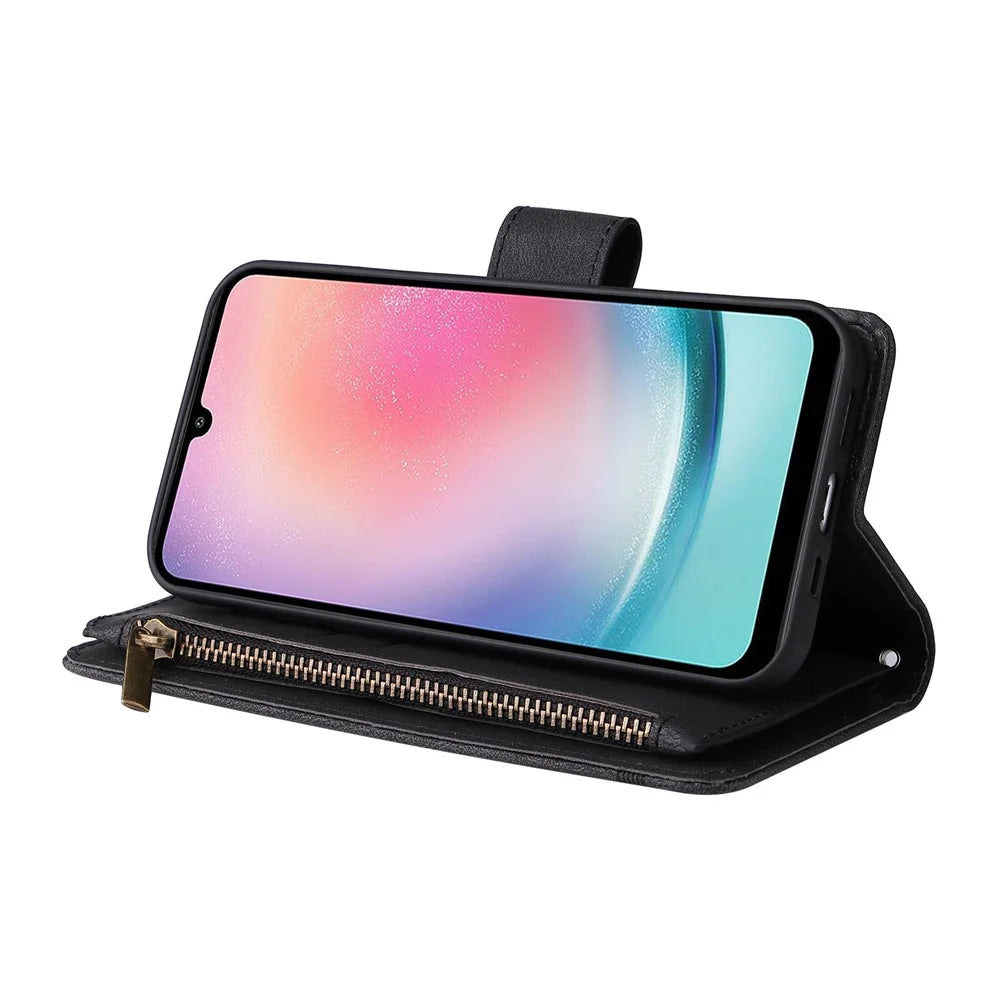 For Samsung Galaxy A34 5G Multiple Card Slots Zipper Pocket Phone Case Skin-touch Leather Wallet Stand Cover - Black - 4