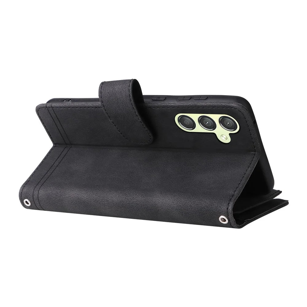 For Samsung Galaxy A34 5G Multiple Card Slots Zipper Pocket Phone Case Skin-touch Leather Wallet Stand Cover - Black - 5