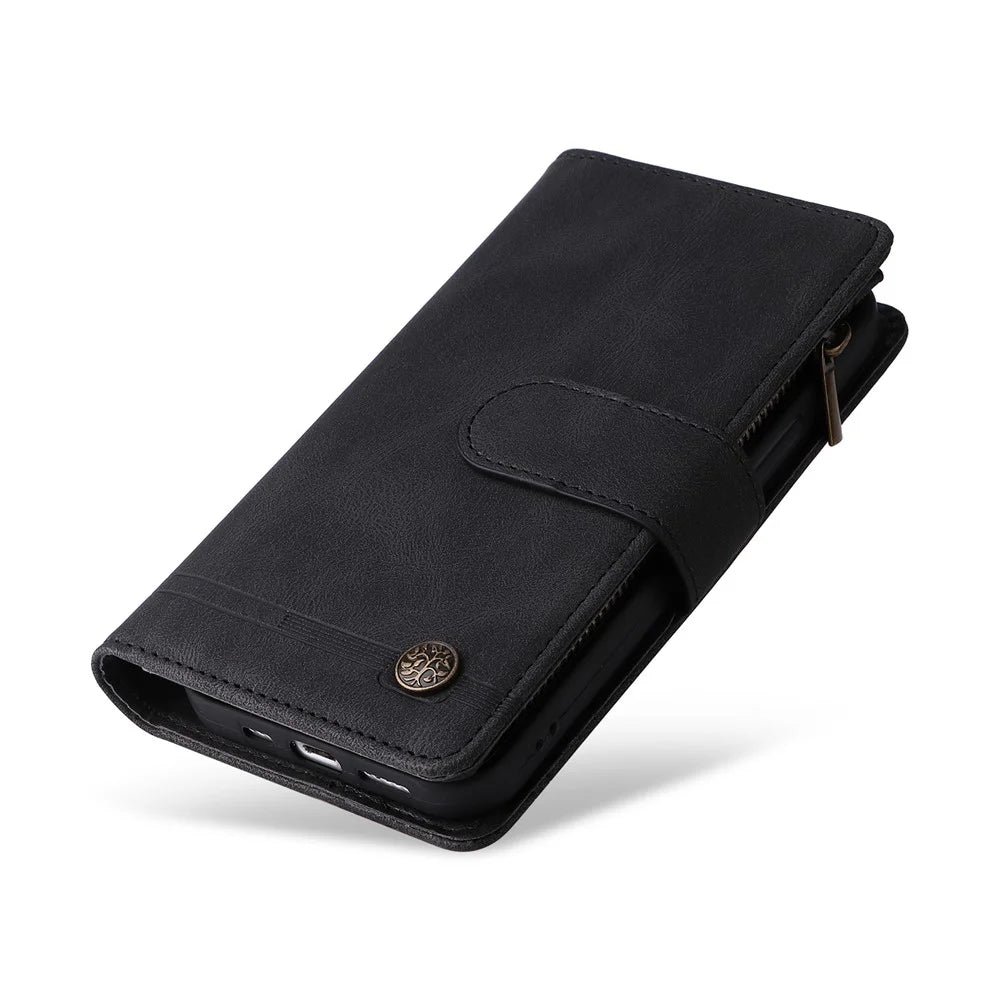 For Samsung Galaxy A34 5G Multiple Card Slots Zipper Pocket Phone Case Skin-touch Leather Wallet Stand Cover - Black - 6