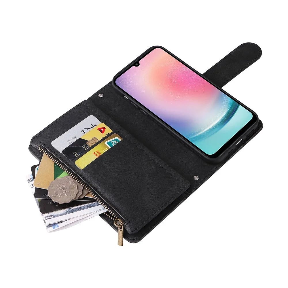 For Samsung Galaxy A34 5G Multiple Card Slots Zipper Pocket Phone Case Skin-touch Leather Wallet Stand Cover - Black - 7