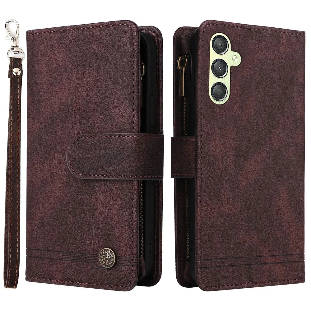 For Samsung Galaxy A24 4G (162.1 x 77.6 x 8.3mm) Zipper Pocket Wallet Stand Phone Case Multiple Card Slots Leather Cover - Brown - 1