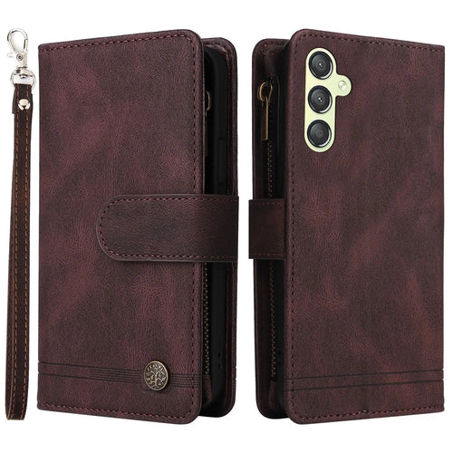 For Samsung Galaxy A24 4G (162.1 x 77.6 x 8.3mm) Zipper Pocket Wallet Stand Phone Case Multiple Card Slots Leather Cover - Brown - 1