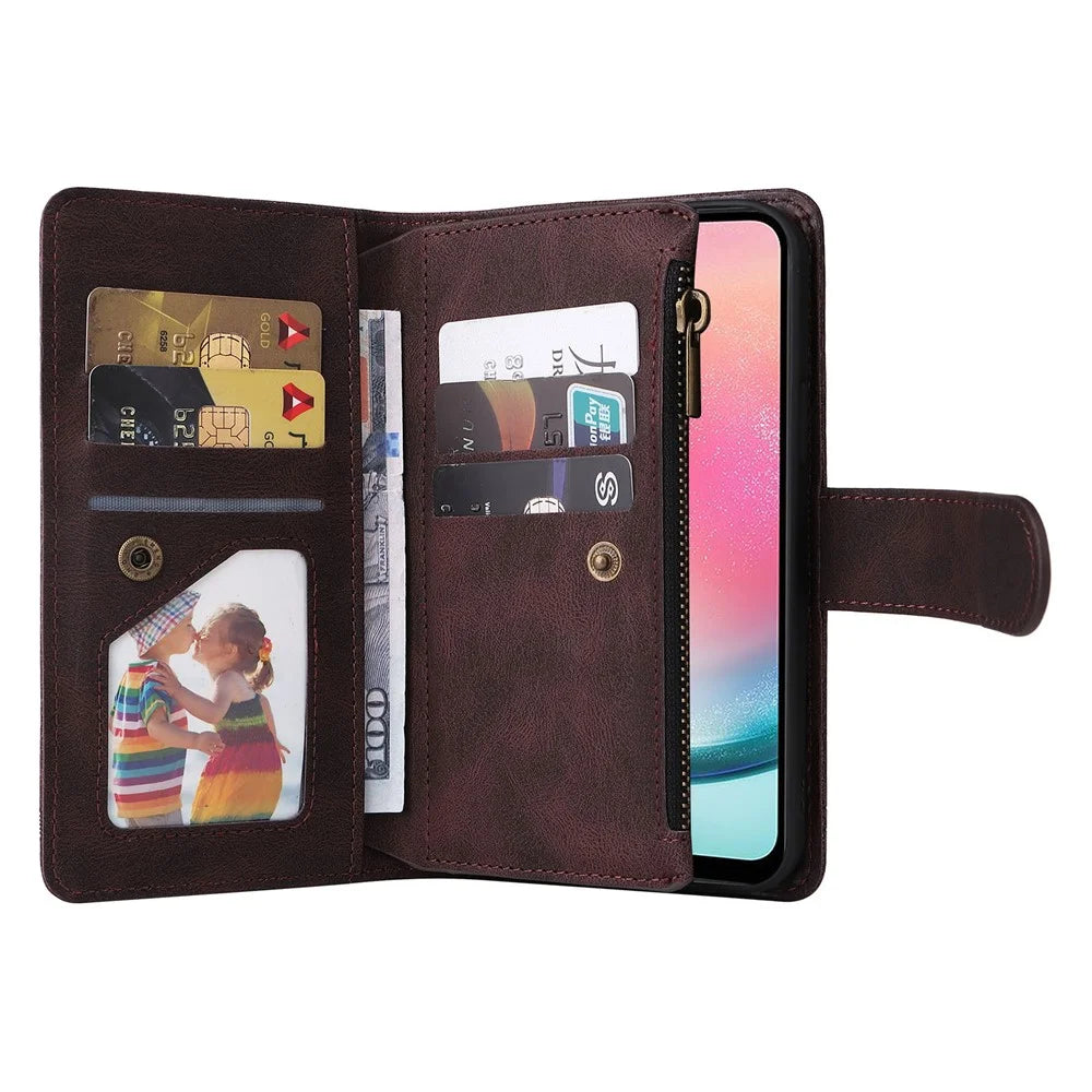 For Samsung Galaxy A24 4G (162.1 x 77.6 x 8.3mm) Zipper Pocket Wallet Stand Phone Case Multiple Card Slots Leather Cover - Brown - 2