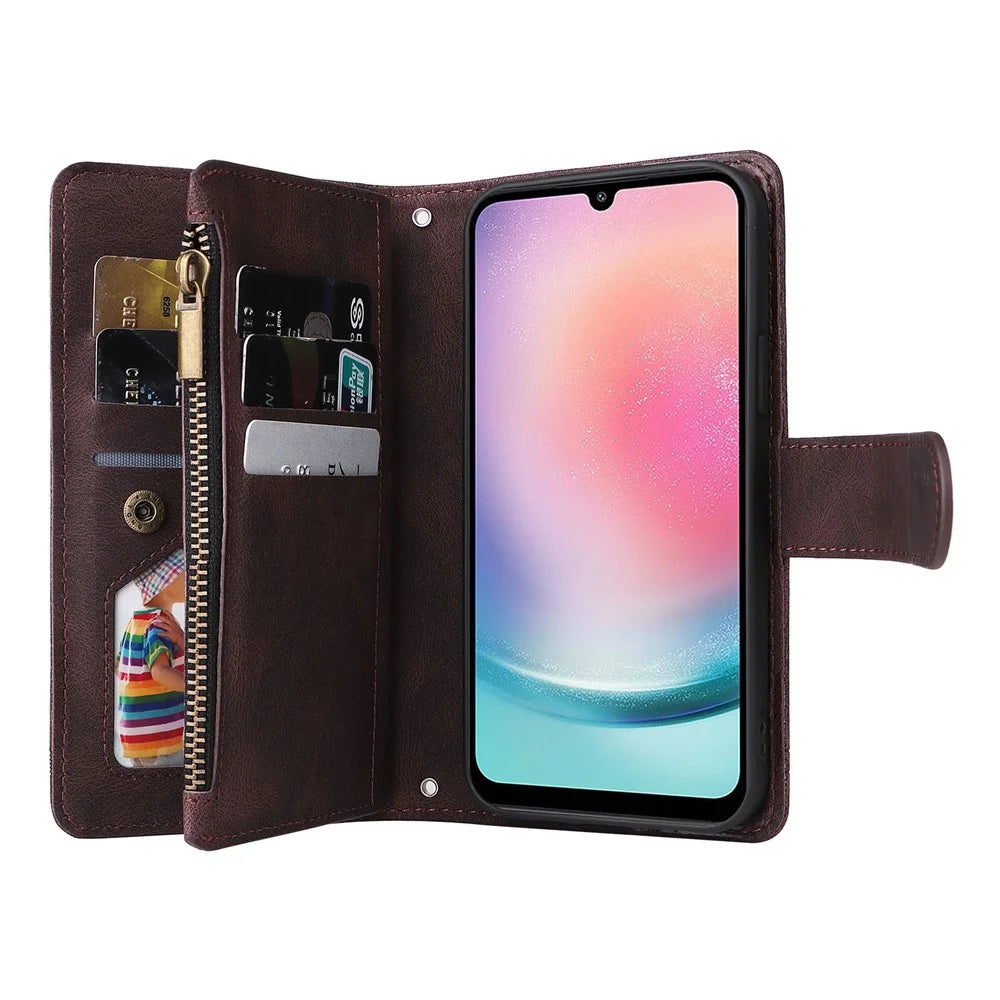 For Samsung Galaxy A24 4G (162.1 x 77.6 x 8.3mm) Zipper Pocket Wallet Stand Phone Case Multiple Card Slots Leather Cover - Brown - 3