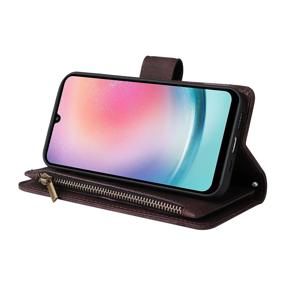 For Samsung Galaxy A24 4G (162.1 x 77.6 x 8.3mm) Zipper Pocket Wallet Stand Phone Case Multiple Card Slots Leather Cover - Brown - 4