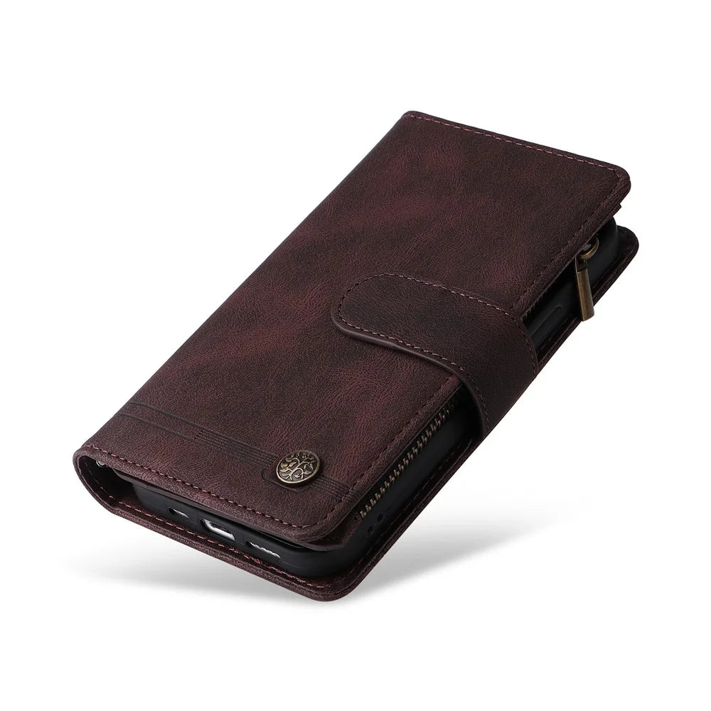 For Samsung Galaxy A24 4G (162.1 x 77.6 x 8.3mm) Zipper Pocket Wallet Stand Phone Case Multiple Card Slots Leather Cover - Brown - 6