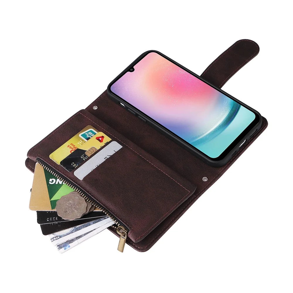 For Samsung Galaxy A24 4G (162.1 x 77.6 x 8.3mm) Zipper Pocket Wallet Stand Phone Case Multiple Card Slots Leather Cover - Brown - 7