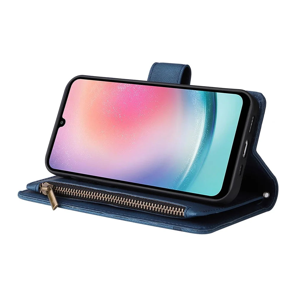 For Samsung Galaxy A54 5G Zipper Pocket Skin-touch Leather Case Multiple Card Slots Wallet Stand Phone Cover - Blue - 4